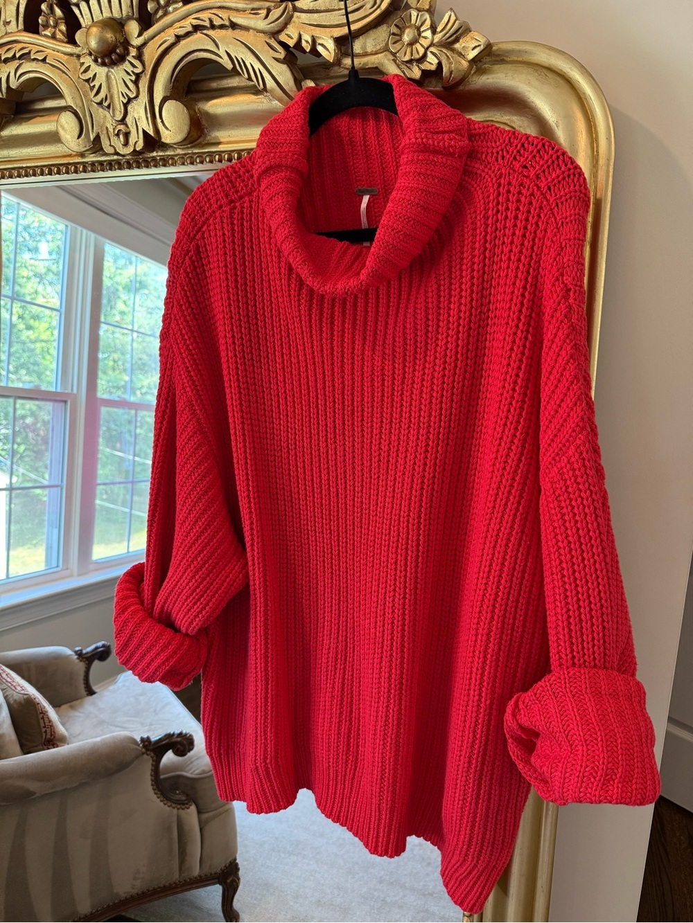 Free People Bright Red Chunky Cowl-Neck Sweater